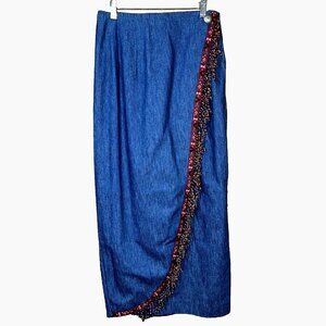 VTG Pine Cove 90s Y2K Cotton Denim Full Wrap Maxi Skirt Aztec Beaded Fringe 10